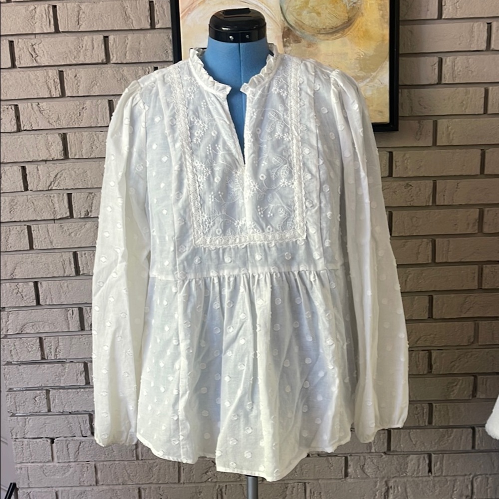 Torrid White Long Sleeve Smocked Blouse with Mandarin Collar